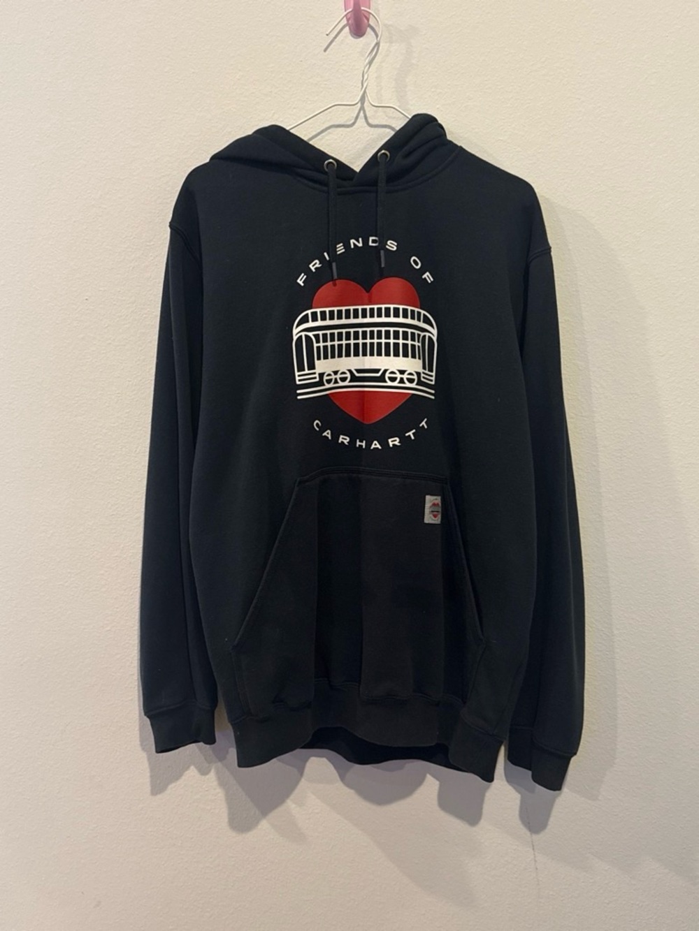 Carhartt Men’s Black Hoodie with Red Heart and White Graphic medium